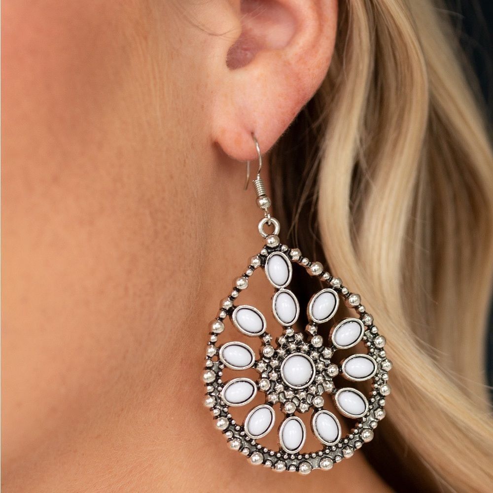 Silver with white bead teardrop earrings